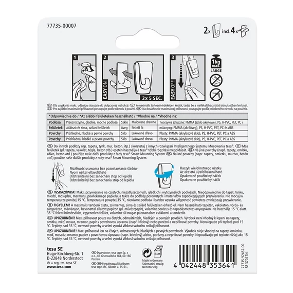 Akasztó öntapadós műanyag, 1 kg teherbírású 2 darab/bliszter Tesa Powerstrips átlátszó