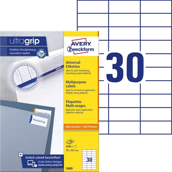 Etikett címke, 70 x29,7mm, univerzális, 30 címke/ív, 100 ív/doboz, Avery fehér