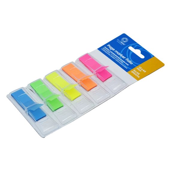 Jelölőcímke 12x45mm, 5x25lap, műanyag 5szín/bliszter, kemény tokos adagolóban Bluering®